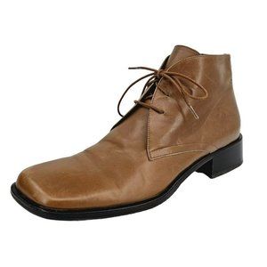 Bally Farell Booties 7 Brown Leather Square Toe Lace Up Ankle Block Heeled Italy